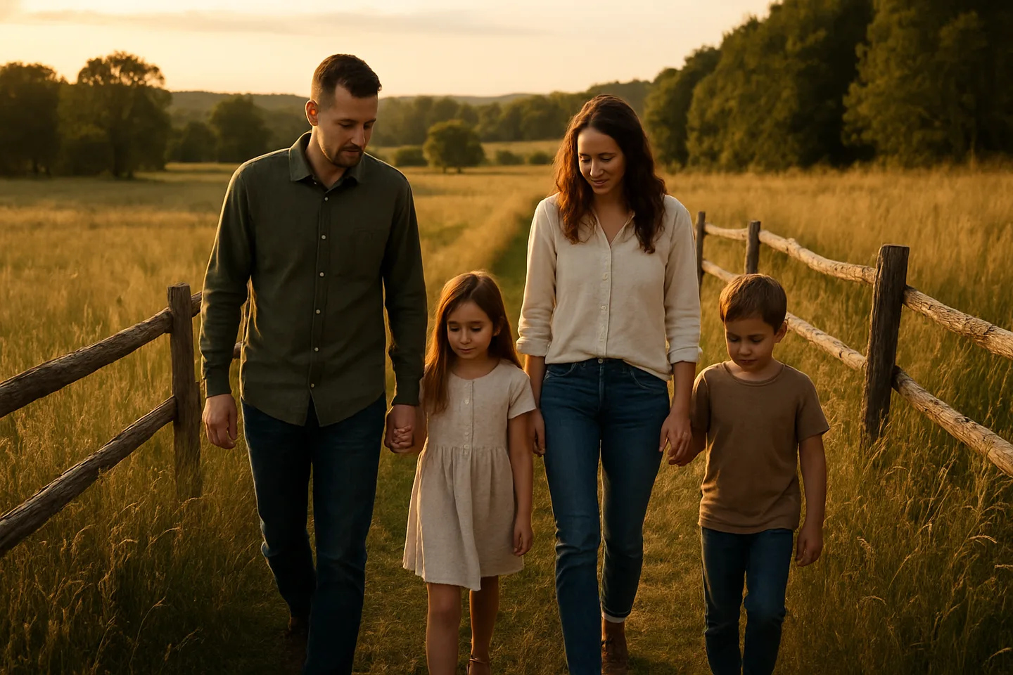 Family walking along inherited rural property
