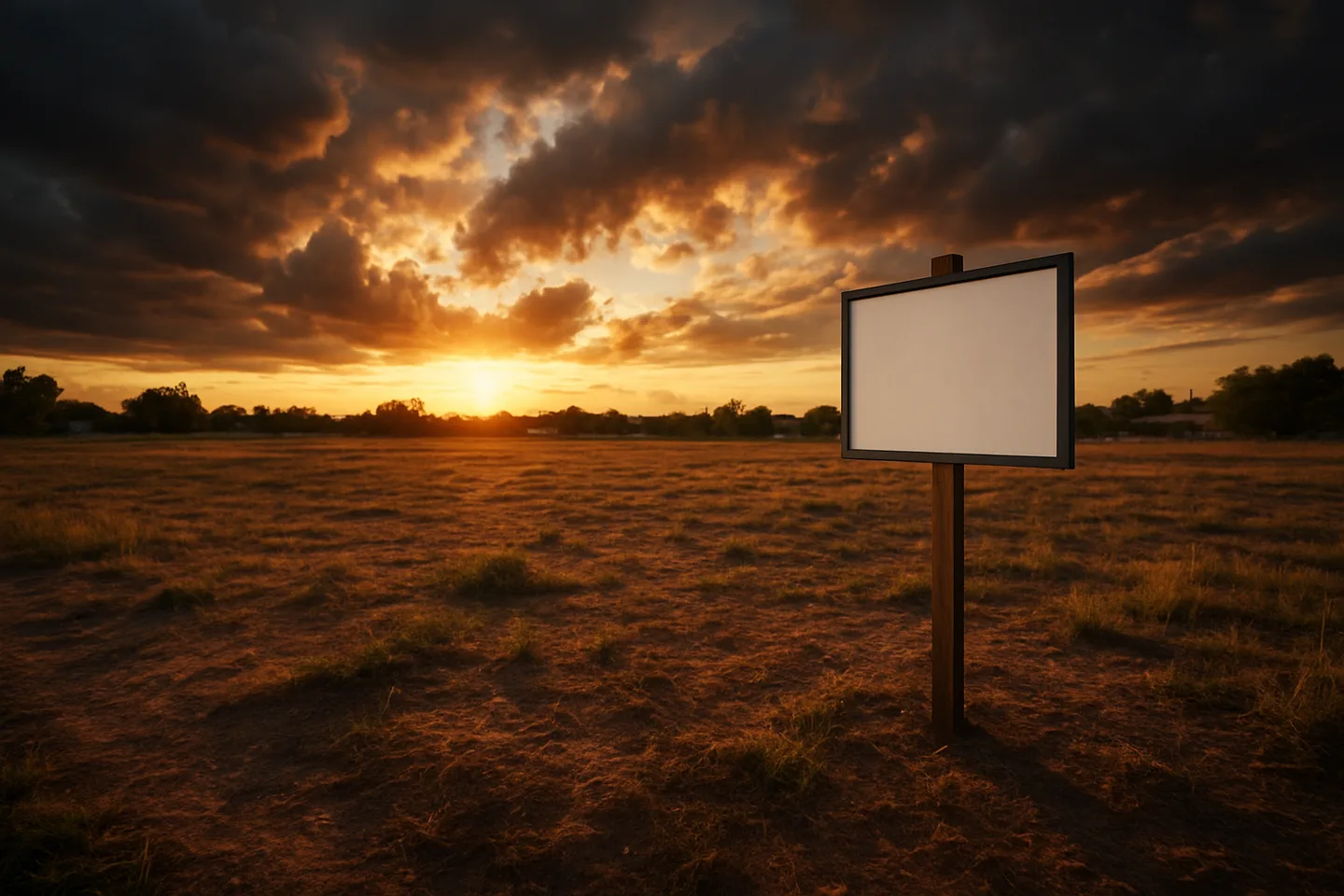 Vacant land parcel with real estate sign at golden hour