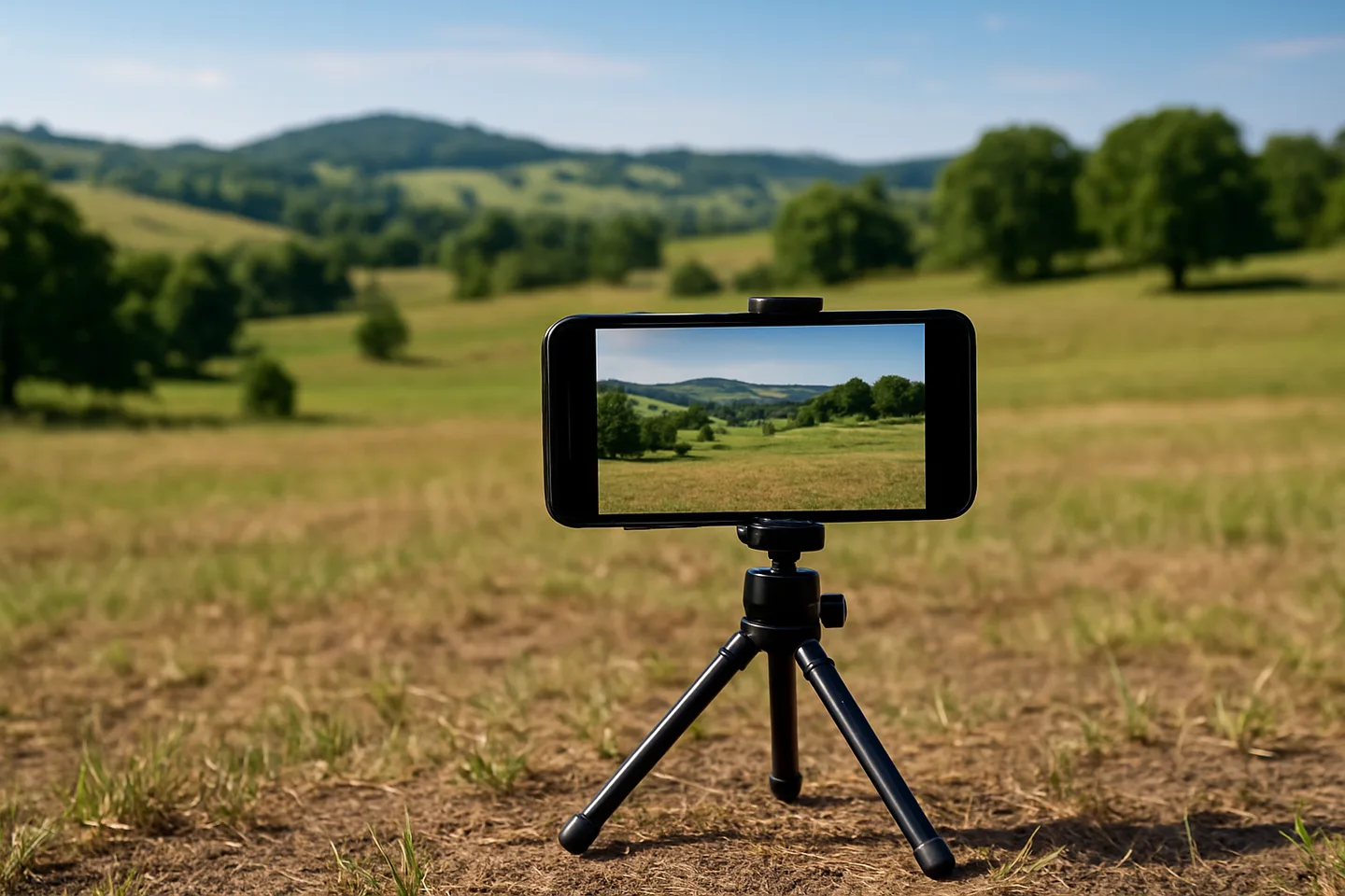 Smartphone on tripod photographing a vacant land parcel