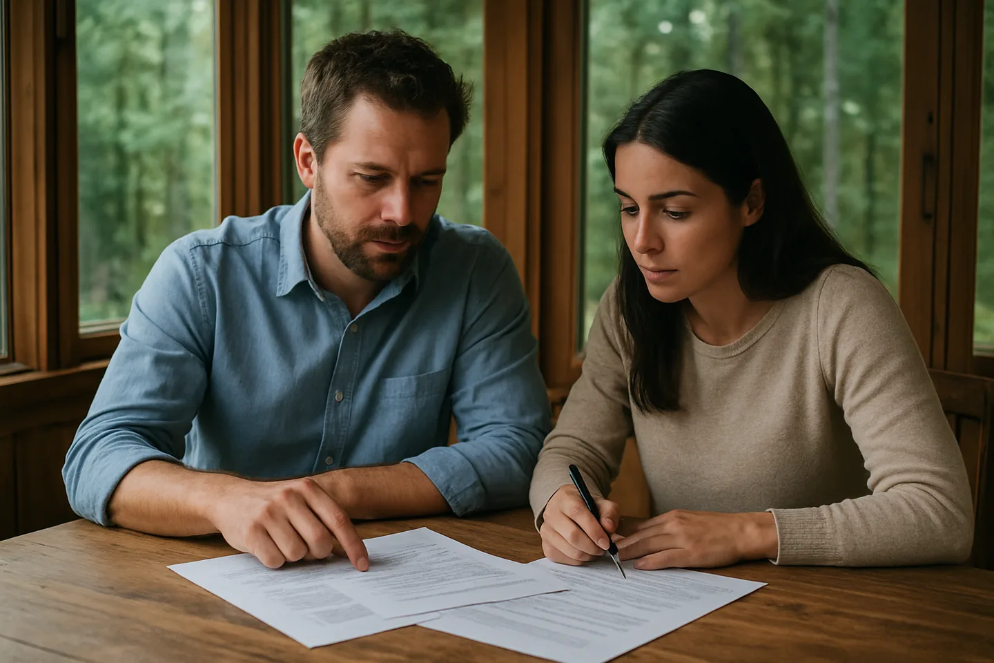 Two people reviewing land sale documents without a realtor