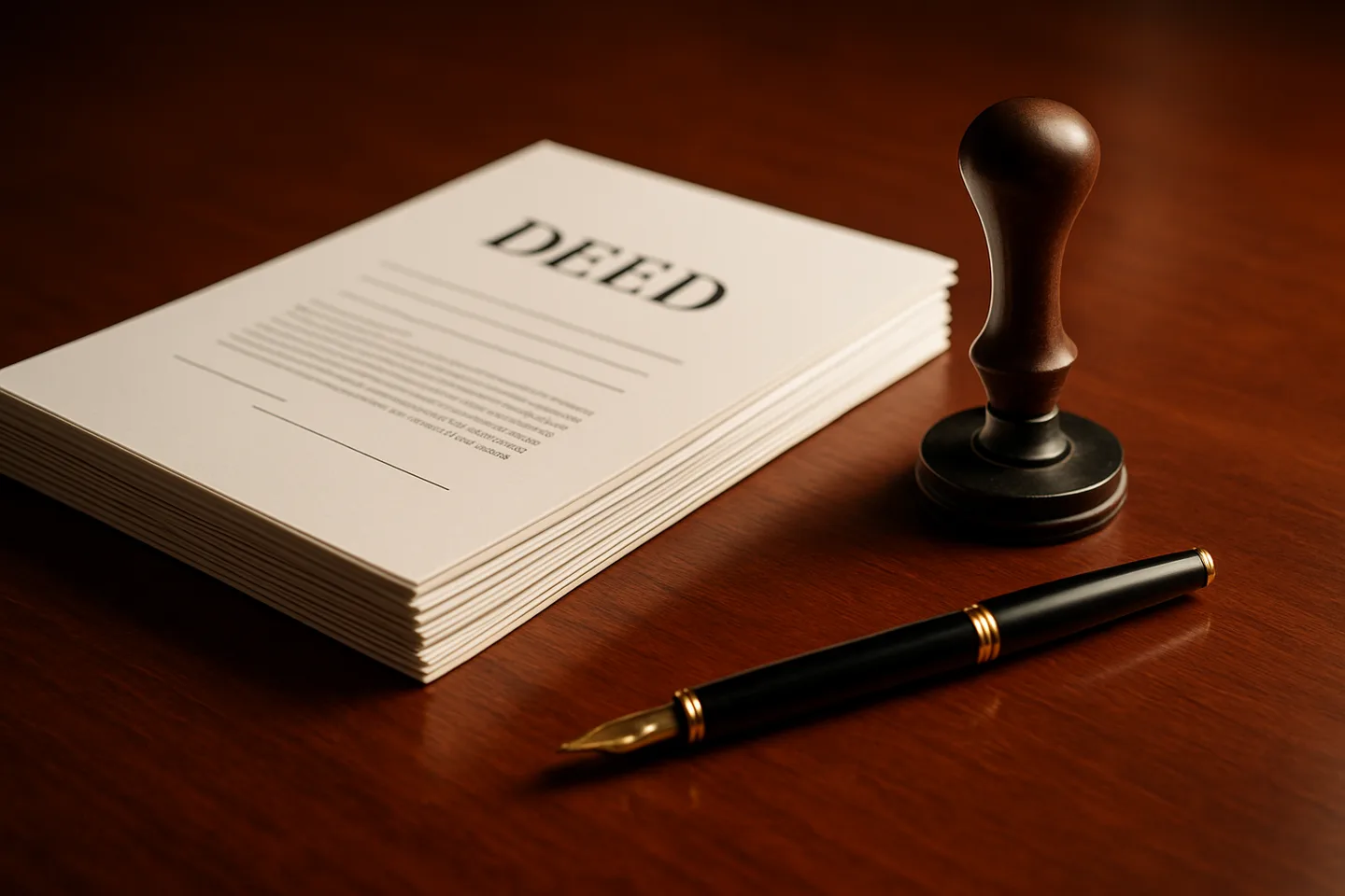 Legal land deed with notary stamp and fountain pen on desk