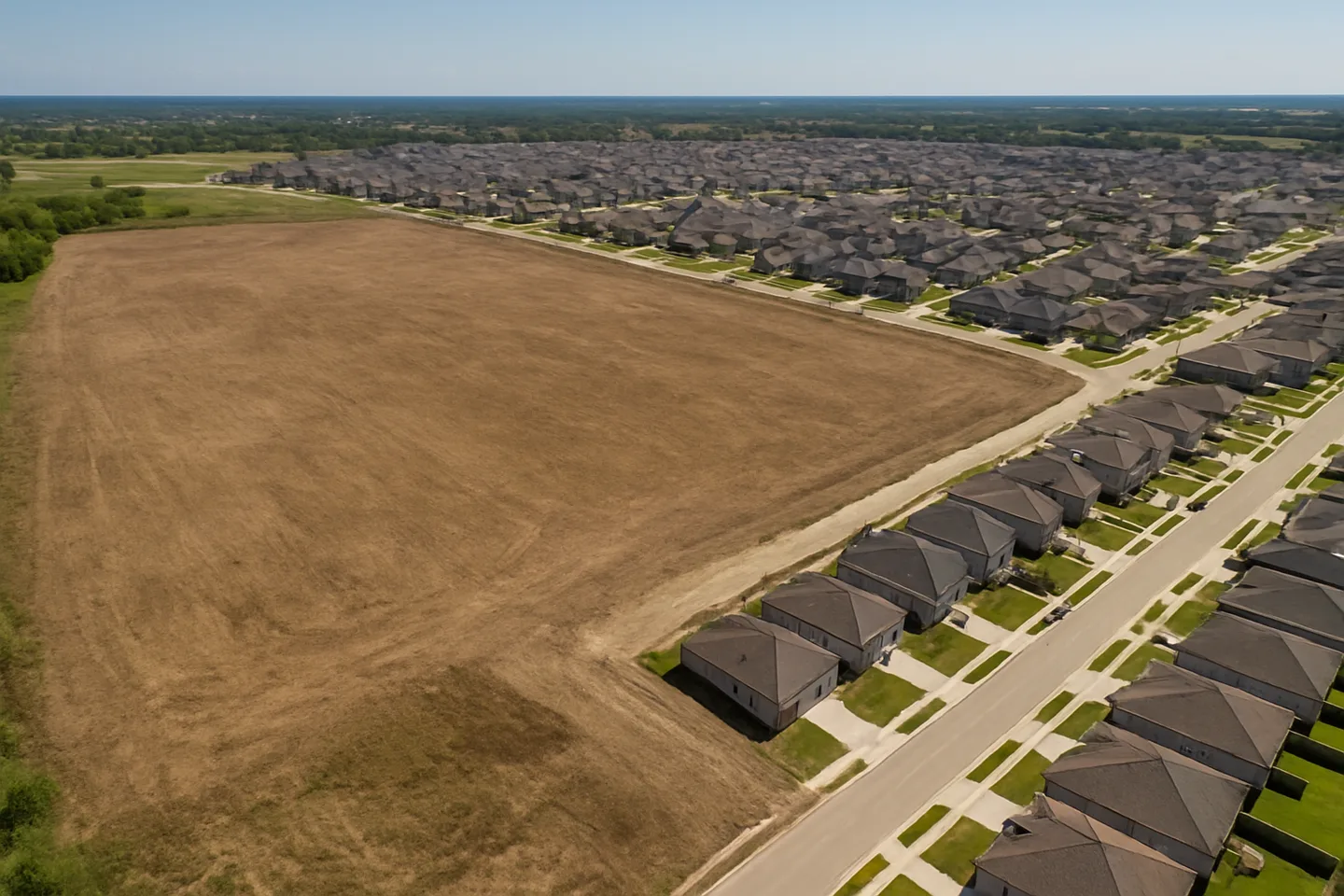 Aerial view of undeveloped land next to new construction