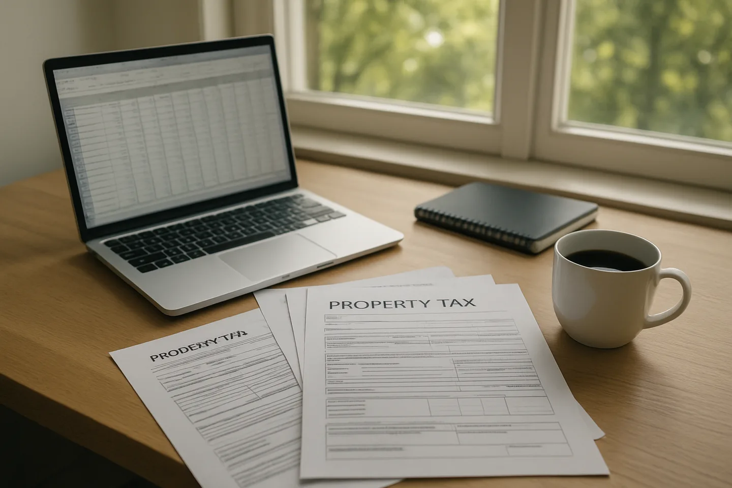 Property tax documents and laptop on a desk