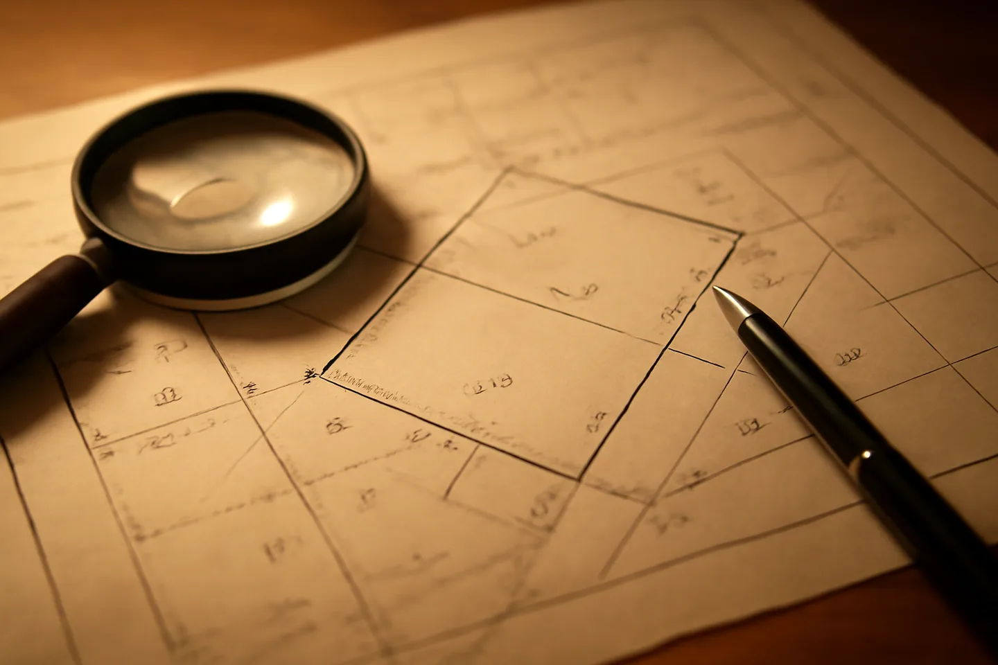 Property survey map and magnifying glass on a table