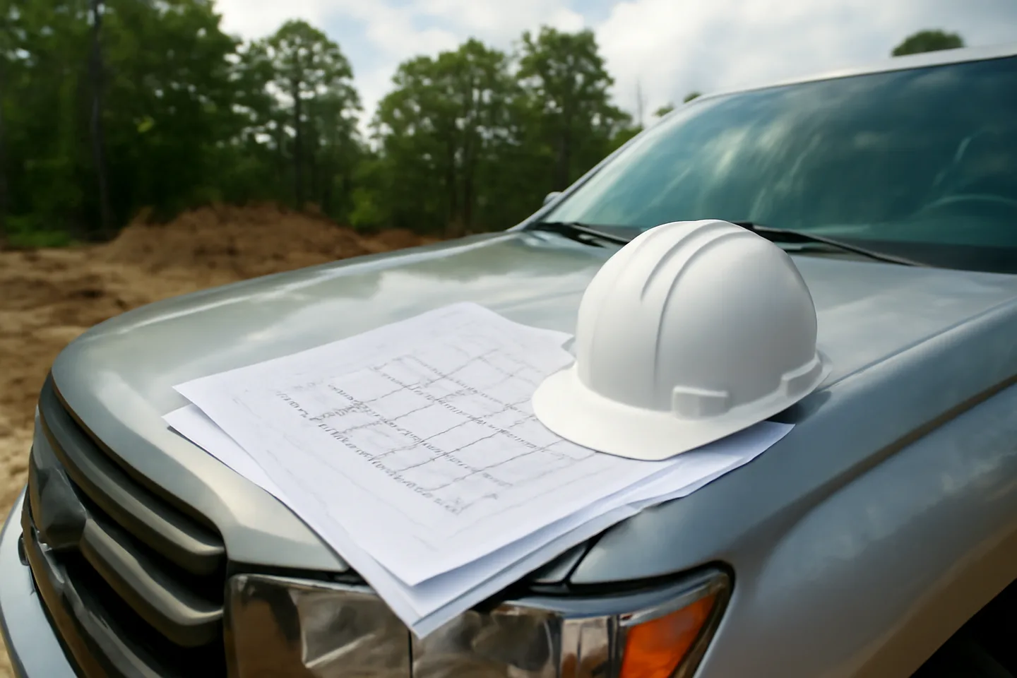 Blueprints and hard hat on a truck hood at a construction site
