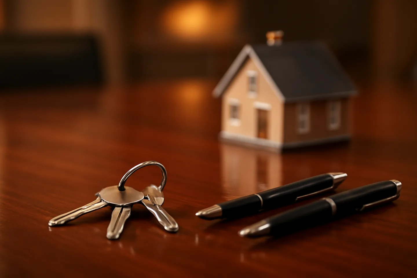 Property closing table with signed documents and keys from above