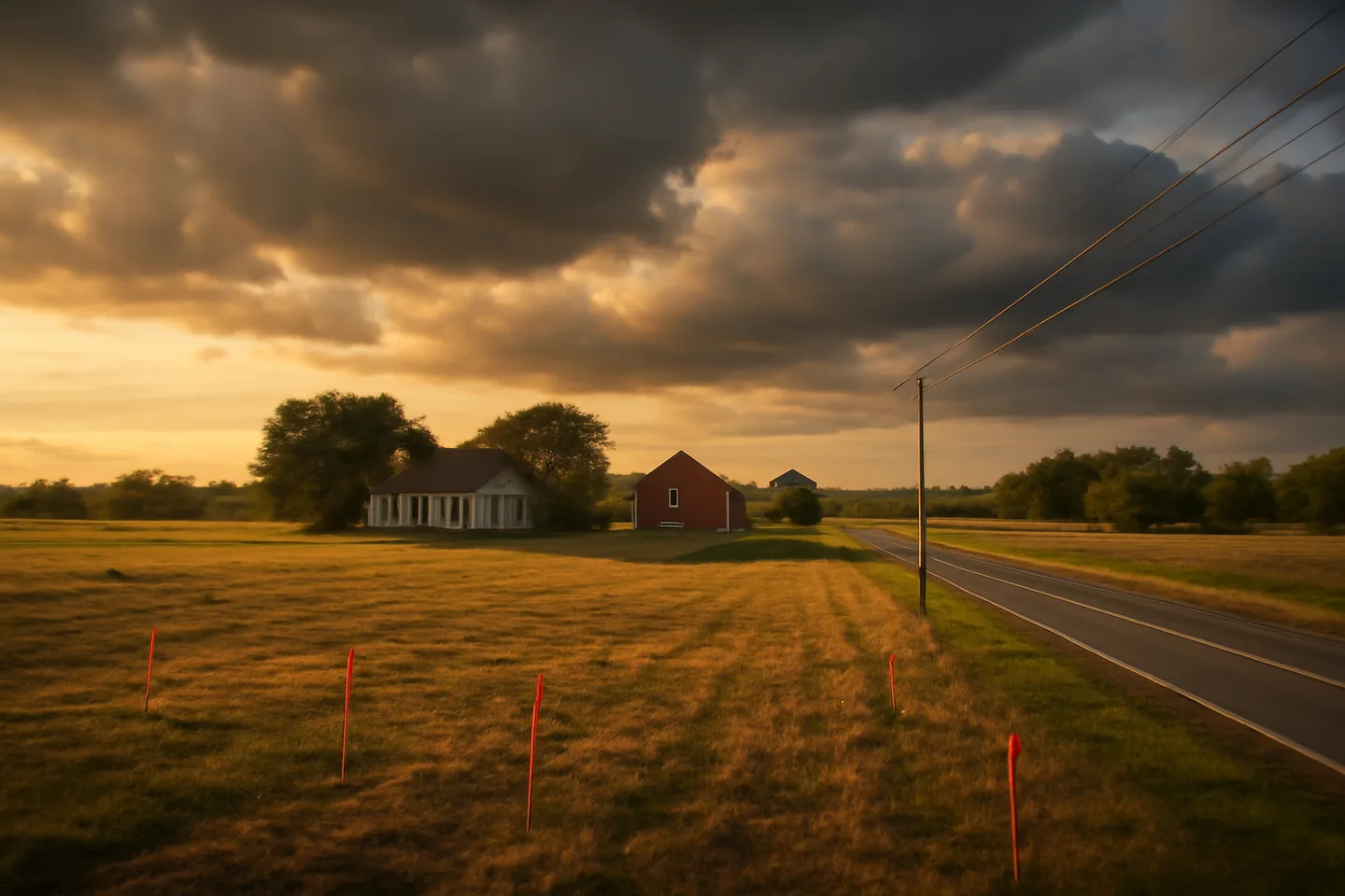 Rural property with survey stakes along a county road