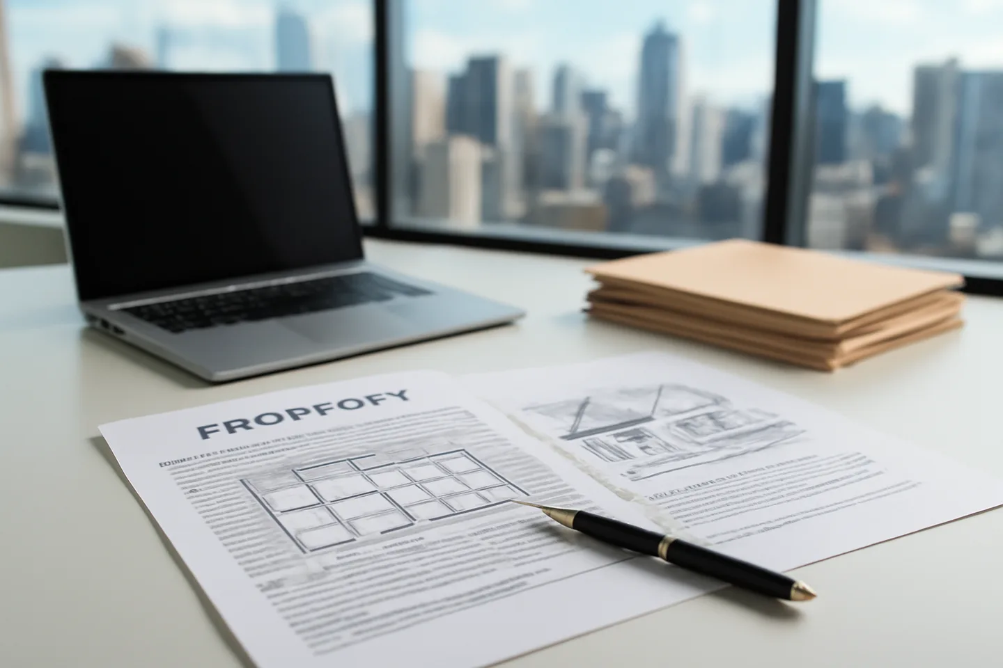 Professional office with property documents and city view