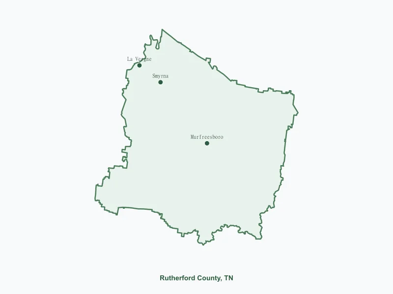 Map of Rutherford County, TN showing major cities