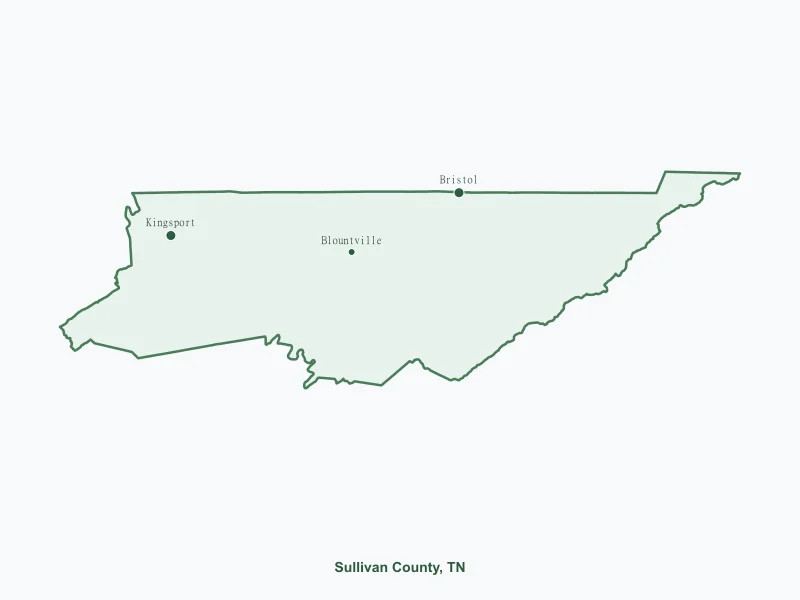 Map of Sullivan County, TN showing major cities