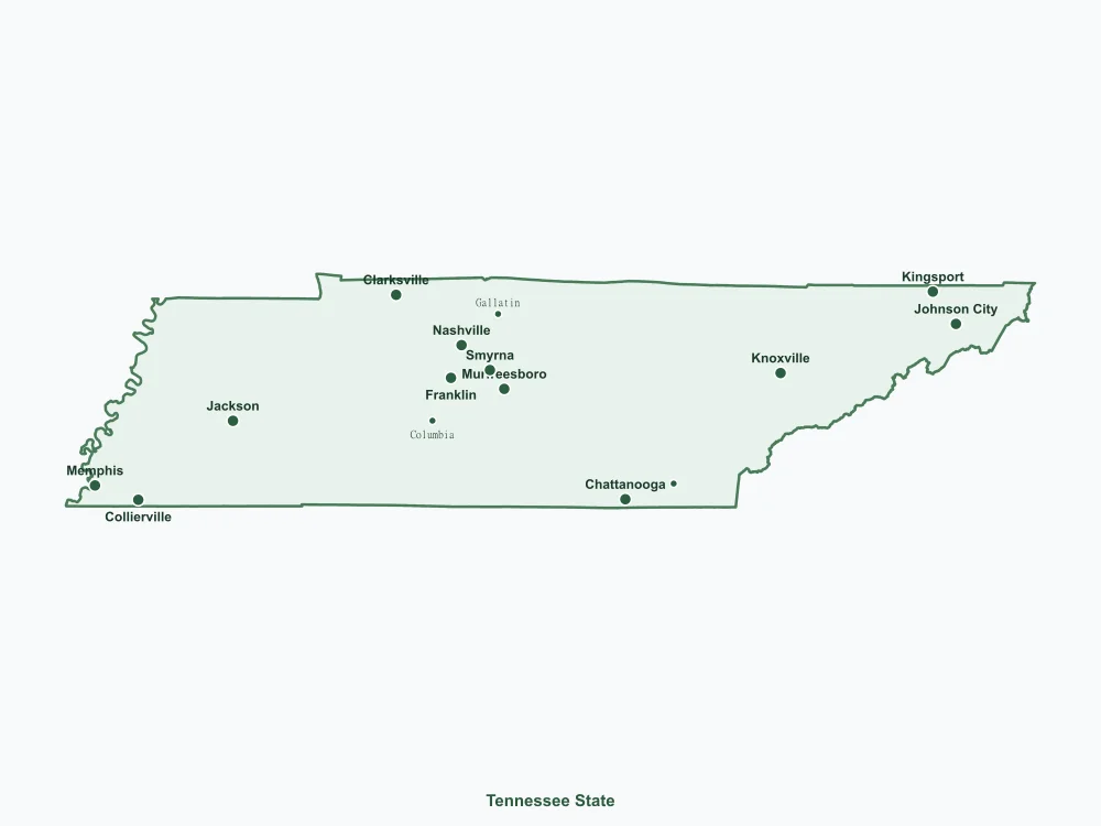 Map of Tennessee State showing major cities